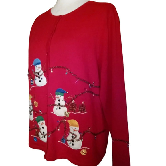 Vintage Cinnamon & Cinder Snowman Beaded Christmas Light Cardigan Size Large - Picture 3 of 7